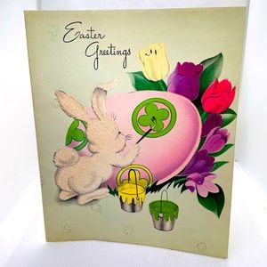 New!! Vtg 1950’s “Easter Greetings” embellished bunny painting greeting card